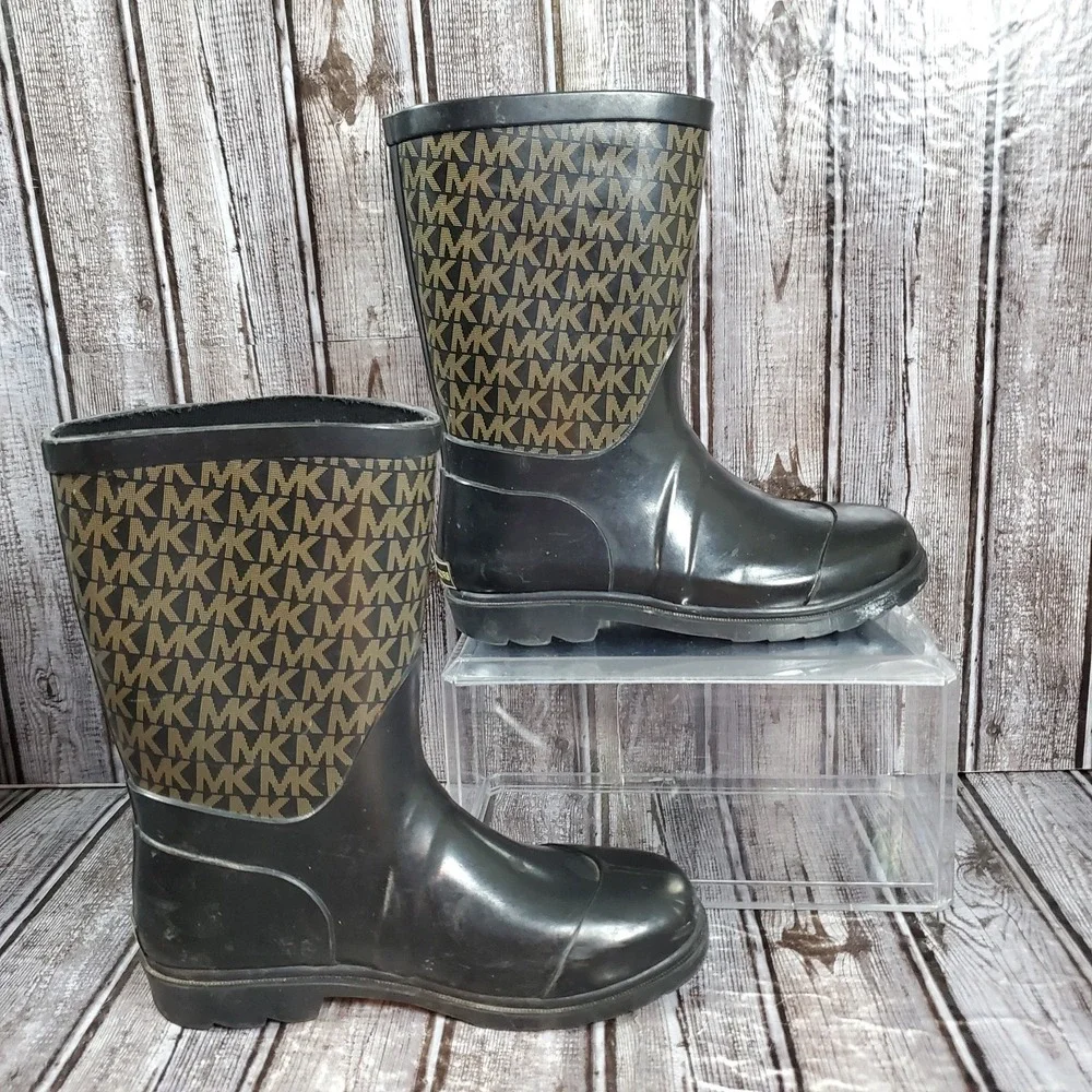 Michael Kors Girls Daisy Joe Logo Rubber Mid Calf Rain Boots Black Gold Size 3